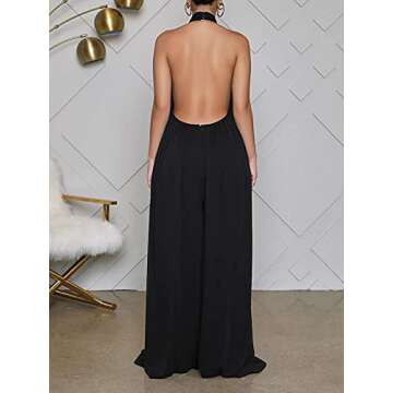 Ekaliy Women's Sexy Summer Jumpsuit Halter Neck Sleeveless Chiffon Wide Leg Long Pant Jumpsuit Romper One Piece Party Outfit Black Large