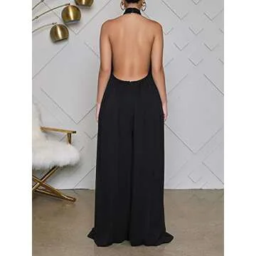 Ekaliy Women's Sexy Summer Jumpsuit Halter Neck Sleeveless Chiffon Wide Leg Long Pant Jumpsuit Romper One Piece Party Outfit Black Large
