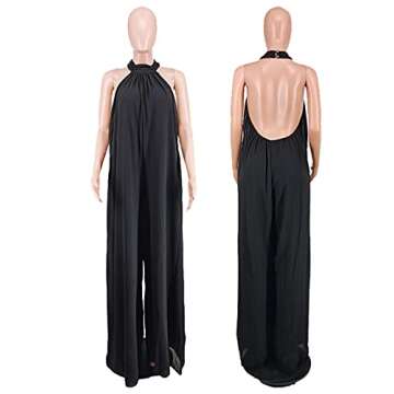 Ekaliy Women's Sexy Summer Jumpsuit Halter Neck Sleeveless Chiffon Wide Leg Long Pant Jumpsuit Romper One Piece Party Outfit Black Large