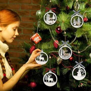 6pcs Christmas Farmhouse Rustic Ornaments Set for Christmas Tree Decorations Hanging 3D Glitter Rein...