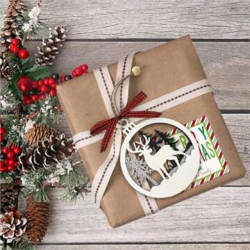 6pcs Christmas Farmhouse Rustic Ornaments Set for Christmas Tree Decorations Hanging 3D Glitter Reindeer Wood Tree Ornaments Round Wooden Christmas Tree Decorations Gift Tags