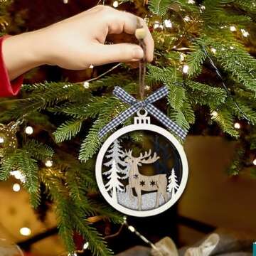 6pcs Christmas Farmhouse Rustic Ornaments Set for Christmas Tree Decorations Hanging 3D Glitter Reindeer Wood Tree Ornaments Round Wooden Christmas Tree Decorations Gift Tags