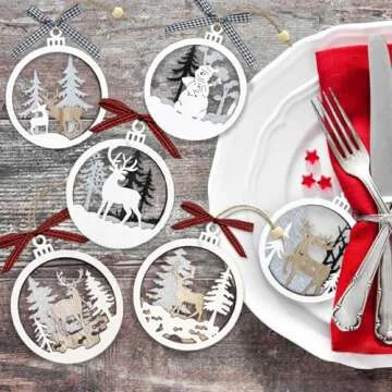 6pcs Christmas Farmhouse Rustic Ornaments Set for Christmas Tree Decorations Hanging 3D Glitter Reindeer Wood Tree Ornaments Round Wooden Christmas Tree Decorations Gift Tags