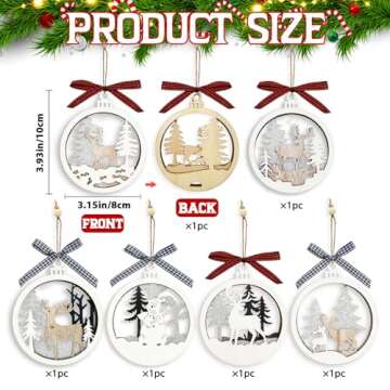 6pcs Christmas Farmhouse Rustic Ornaments Set for Christmas Tree Decorations Hanging 3D Glitter Reindeer Wood Tree Ornaments Round Wooden Christmas Tree Decorations Gift Tags