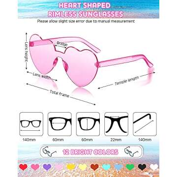 Photect 12 Pair Heart Shaped Sunglasses - Fun Colored Rimless Glasses