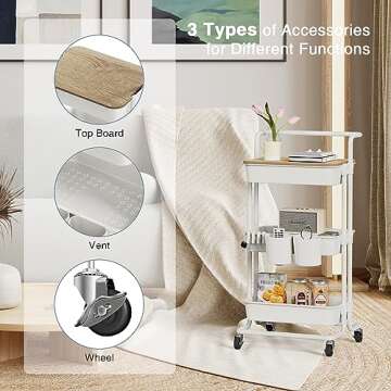 DTK 3 Tier Rolling Utility Cart with Cover Top Board, Movable Kitchen Storage Cart Trolley with Lockable Wheels, Cups, Hooks for Kitchen Bathroom Home Office Art Craft Storage and Organization(White)