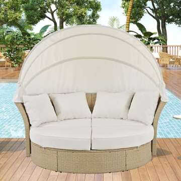 P PURLOVE Outdoor Canopy Bed Patio Daybed with 4 Pillows, Wicker Rattan Double Daybed Round Sofa Furniture Set with Retractable Canopy, 2-Person Outdoor Patio Bed for Lawn, Garden, Backyard (Beige)