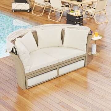 P PURLOVE Outdoor Canopy Bed Patio Daybed with 4 Pillows, Wicker Rattan Double Daybed Round Sofa Furniture Set with Retractable Canopy, 2-Person Outdoor Patio Bed for Lawn, Garden, Backyard (Beige)