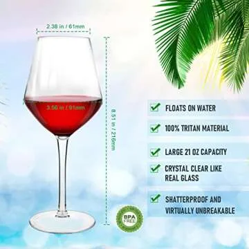 Floating Wine Glasses for Pool with Charms Tags, Shatterproof Poolside Wine Glasses, Floating Cup With Stem, Drinking Glasses for Pool, Unbreakable Wine Cup & BPA-free (16 Oz, Set of 2)