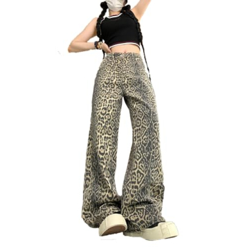 OATSBAS Leopard Print Cargo Pants for Men and Women - Y2K Aesthetic Wide Leg Jeans