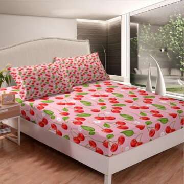 Cherry Sheet Set King Size Kids Tropical Fruit Print Sheets with Deep Pocket Fitted Sheet for Boys G...