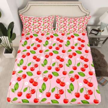 Cherry Sheet Set King Size Kids Tropical Fruit Print Sheets with Deep Pocket Fitted Sheet for Boys Girls Teens Pink Sweet Cherry Print Bed Sheets Set Breathable Floral Print Sheet Set Room Decor