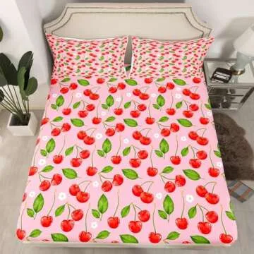 Cherry Sheet Set King Size Kids Tropical Fruit Print Sheets with Deep Pocket Fitted Sheet for Boys Girls Teens Pink Sweet Cherry Print Bed Sheets Set Breathable Floral Print Sheet Set Room Decor