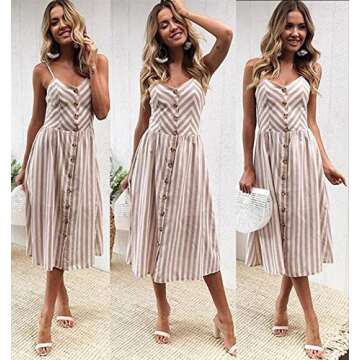 Angashion Women's Dresses-Summer Floral Bohemian Spaghetti Strap Button Down Swing Midi Dress 0895 Light Coffee L