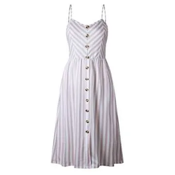 Angashion Women's Dresses-Summer Floral Bohemian Spaghetti Strap Button Down Swing Midi Dress 0895 Light Coffee L