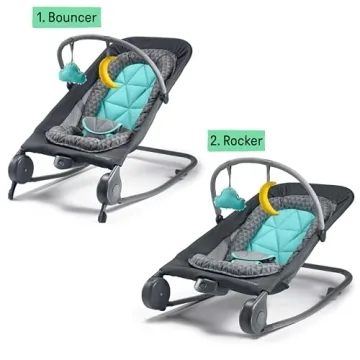 Summer Infant 2-in-1 Bouncer & Rocker Duo (Gray and Teal) Convenient and Portable Rocker and Bouncer for Babies Includes Soft Toys and Soothing Vibrations