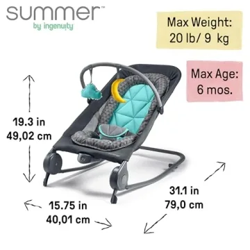 Summer Infant 2-in-1 Bouncer & Rocker Duo (Gray and Teal) Convenient and Portable Rocker and Bouncer for Babies Includes Soft Toys and Soothing Vibrations