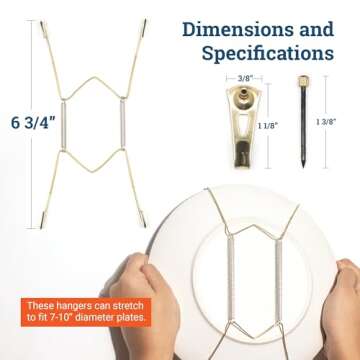 3 Pcs 7-10” Stainless Steel Plate Hangers for Decorative Plates, Includes 3 Pieces Brass Hook with...