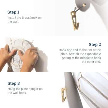 3 Pcs 7-10” Stainless Steel Plate Hangers for Decorative Plates, Includes 3 Pieces Brass Hook with Nails for Hanging