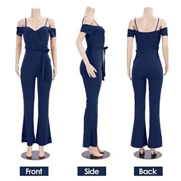 Women's Jumpsuit Elegant Sexy V Neck off Shoulder High Waisted Flared Pants Casual Rompers Party Clubwear with Belt 2#Dark Blue L