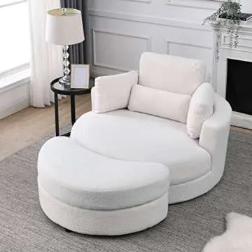 HomSof Swivel Accent Barrel Modern Sofa Lounge Club Big Round Chair with Storage Ottoman Linen Fabric for Living Room Hotel with Pillows，White