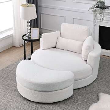 HomSof Swivel Accent Barrel Modern Sofa Lounge Club Big Round Chair with Storage Ottoman Linen Fabric for Living Room Hotel with Pillows，White