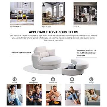 HomSof Swivel Accent Barrel Modern Sofa Lounge Club Big Round Chair with Storage Ottoman Linen Fabric for Living Room Hotel with Pillows，White