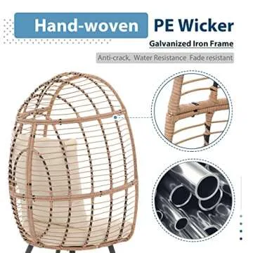 JOIVI Wicker Egg Chair, Oversized Indoor Outdoor Lounger Large Egg Basket Chair with Stand and Cushions for Patio Porch, Backyard, Living Room, Balcony (Beige Rattan, Creamy White Cushion)