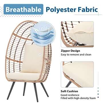 JOIVI Wicker Egg Chair, Oversized Indoor Outdoor Lounger Large Egg Basket Chair with Stand and Cushions for Patio Porch, Backyard, Living Room, Balcony (Beige Rattan, Creamy White Cushion)