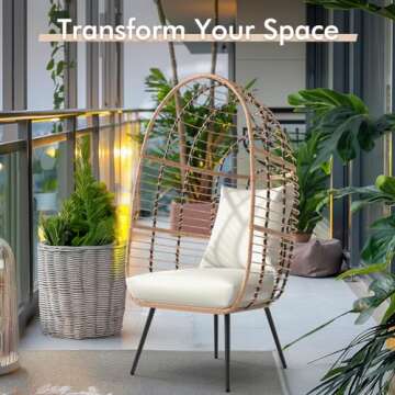 JOIVI Wicker Egg Chair, Oversized Indoor Outdoor Lounger Large Egg Basket Chair with Stand and Cushions for Patio Porch, Backyard, Living Room, Balcony (Beige Rattan, Creamy White Cushion)