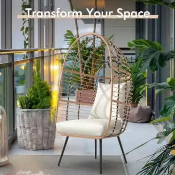 JOIVI Wicker Egg Chair, Oversized Indoor Outdoor Lounger Large Egg Basket Chair with Stand and Cushions for Patio Porch, Backyard, Living Room, Balcony (Beige Rattan, Creamy White Cushion)