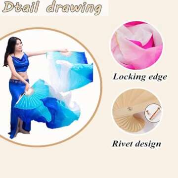 1 Pair 1.8M Real Silk Chinese Belly Dance Fan Veils Hand Made White Turquoise Blue