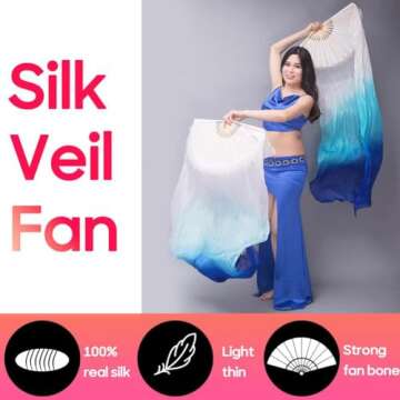 1 Pair 1.8M Real Silk Chinese Belly Dance Fan Veils Hand Made White Turquoise Blue