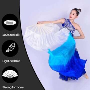 1 Pair 1.8M Real Silk Chinese Belly Dance Fan Veils Hand Made White Turquoise Blue