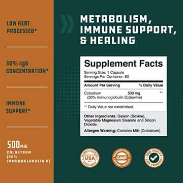 Bovine Colostrum Capsules with Immunoglobulin G - Colostrum Supplement and Muscle Builder for Gut Health Joint Support Immune Health Bone Strength and Brain Support Probiotic Supplement