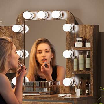 MU Vanity Desk with Mirror & Lights, Makeup Vanity Table with 9 LED Lights 2 Drawers and 4 Storage Shelves, Vintage Vanity Set Makeup Table for Bedroom, Rustic Brown