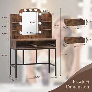 MU Vanity Desk with Mirror & Lights, Makeup Vanity Table with 9 LED Lights 2 Drawers and 4 Storage Shelves, Vintage Vanity Set Makeup Table for Bedroom, Rustic Brown
