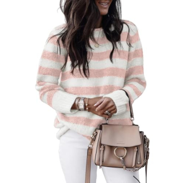 Dokotoo Oversized Sweaters for Women Wool Crewneck Ribbed Knit Tops Striped Color Block Holiday Fall...