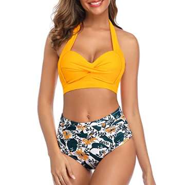 Tempt Me Women Vintage Swimsuits Yellow Retro Halter Ruched High Waist Bikini with Bottom L