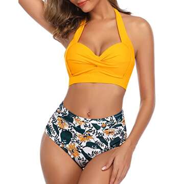 Tempt Me Women Vintage Swimsuits Yellow Retro Halter Ruched High Waist Bikini with Bottom L