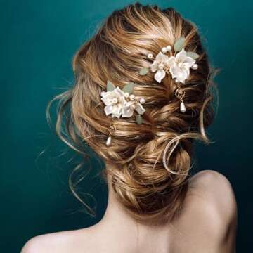 HINZIC 5PCS Camellia Flower Tassels Hairpin, Crystal Rhinestone Pearl Hair Clips Headpiece Retro Chi...