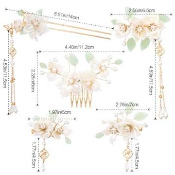 HINZIC 5PCS Camellia Flower Tassels Hairpin, Crystal Rhinestone Pearl Hair Clips Headpiece Retro Chinese Hanfu Wedding Brides Hair Accessories Korean Jewelry for Women Girls Updo Long Hair