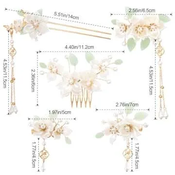 HINZIC 5PCS Camellia Flower Tassels Hairpin, Crystal Rhinestone Pearl Hair Clips Headpiece Retro Chinese Hanfu Wedding Brides Hair Accessories Korean Jewelry for Women Girls Updo Long Hair