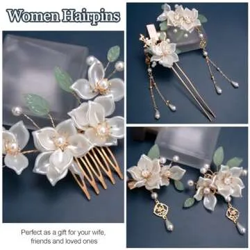 HINZIC 5PCS Camellia Flower Tassels Hairpin, Crystal Rhinestone Pearl Hair Clips Headpiece Retro Chinese Hanfu Wedding Brides Hair Accessories Korean Jewelry for Women Girls Updo Long Hair