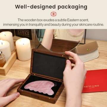 Rena Chris Gua Sha Facial Tool, Natural Rose Quartz Stone Body Gua sha with Exquisite Wooden Box, Large Guasha Suitable for Face Lifting, Puffiness Reducing and Whole-Body Massage, Skin Care Massager