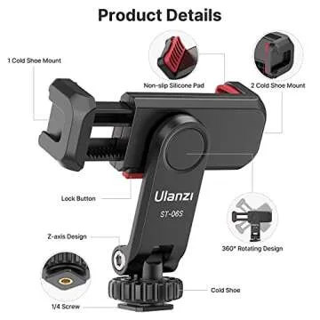ULANZI Phone Tripod Mount ST-06S, New Universal Smartphone Mount Adapter with 2 Cold Shoe, 360° Rotates Adjustable Cell Phone Clip Clamp Holder, Compatible with iPhone, Samsung Galaxy and All Phones