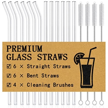 Piteno® 16-Pack Reusable Glass Straws Set - 6 Straight & 6 Bent with Cleaning Brushes