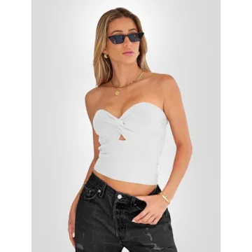 EFAN Womens Tube Tops Going Out Cut Out Twist Knot Front Bandeau Ribbed Knit Y2K Strapless Tank Bustier Corset Tops White S