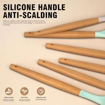 Silicone Cooking Utensils Set - Silicone Kitchen Utensils for Cooking Wooden Handles, 446°F Heat Resistant Kitchen Utensil Spatula Sets w Holder, Gadgets for Non-Stick Cookware BPA FREE (Multicolour)