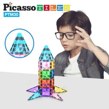 PicassoTiles Mini Size Magnetic Tiles Sensory Magnet Toys Diamond Series Construction Building Blocks Set STEM Learning Travel Size Educational Toy for Kids Boys Girls Toddlers Age 3+ PTM30